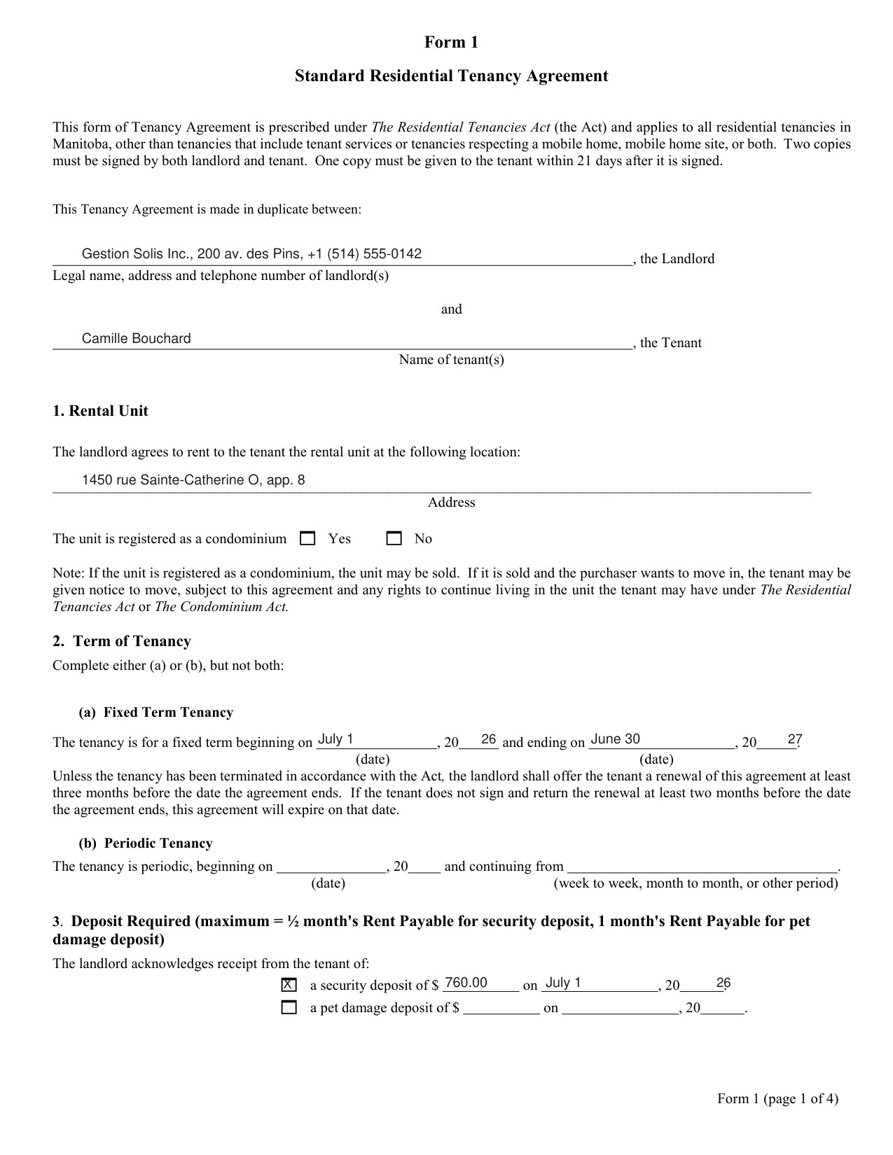 Manitoba — Form 1